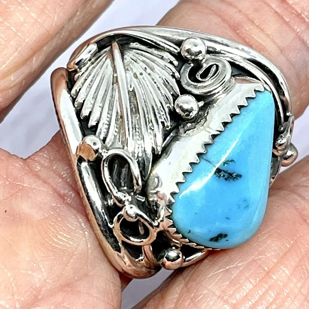 Navajo Turquoise Mens Ring Sz‎ 11 Leaf Feather Sterling Native American Saunders